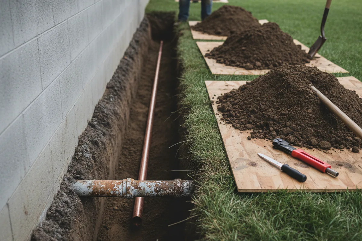 Excavated water line trench during Water Softener Installation in Cedar Lake